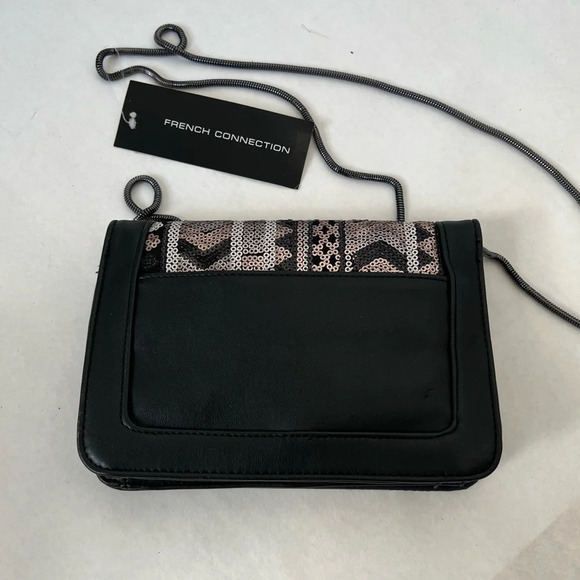 French Connection Chain Sequins Black Silver Crossbody Bag Clutch Purse - Picture 2 of 8